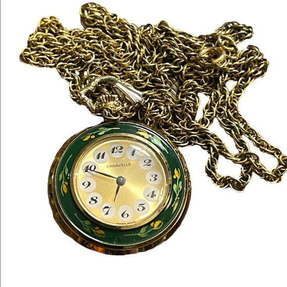 Vintage Caravelle Necklace watch green enamel bird flowers - Picture 4 of 15